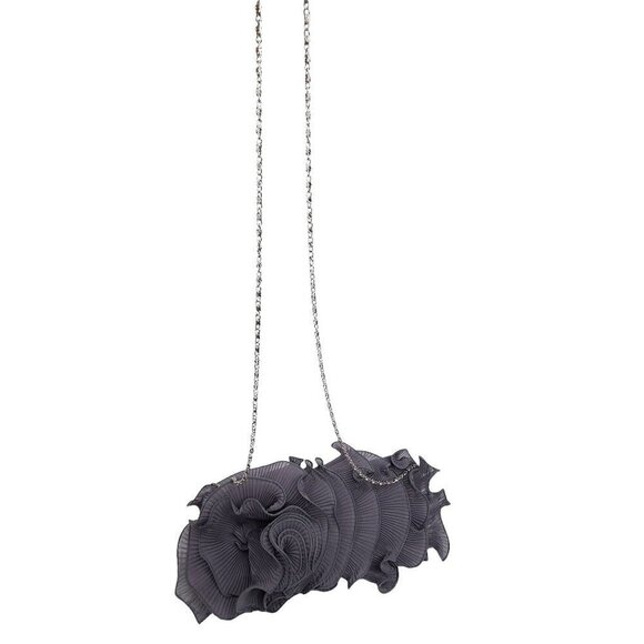Women's Grey Ruffle Floral Pleated Convertible Clutch Satin Evening Sling Bag - Picture 2 of 8